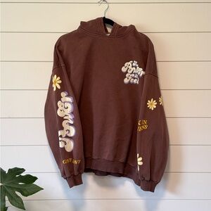 Bershka Brown Hoodie Daisies Power to Feel Funky Purple Yellow Size S